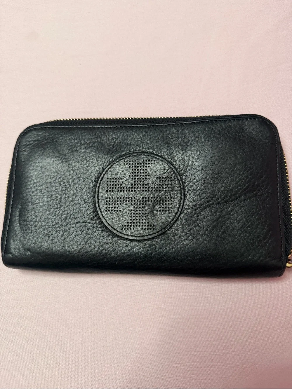 Tory Burch Black Leather Zip-Around Wallet with Gold Hardware